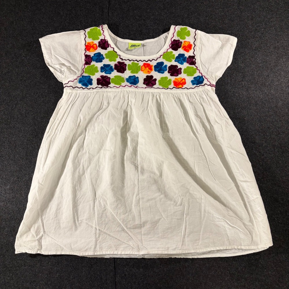 Olive Embroidered Peasant Top Womens Medium White Floral Boho Festival Shirt